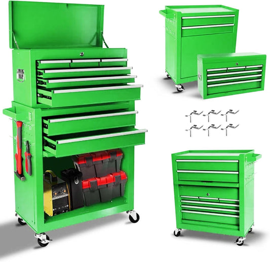 PLENTORA 8 Drawers Rolling Tool Chest - Tool Box Organizer with Wheels and Drawers, Detachable Storage Cabinet with Lock for Garage Workshop, Green