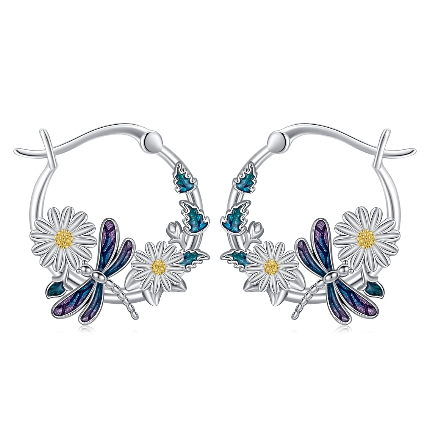 JUSTKIDSTOY Dragonfly Earrings 925 Sterling Silver Daisy Flower Hoop Earrings Jewelry Dragonfly Graduation Gifts for Women Daughter Her