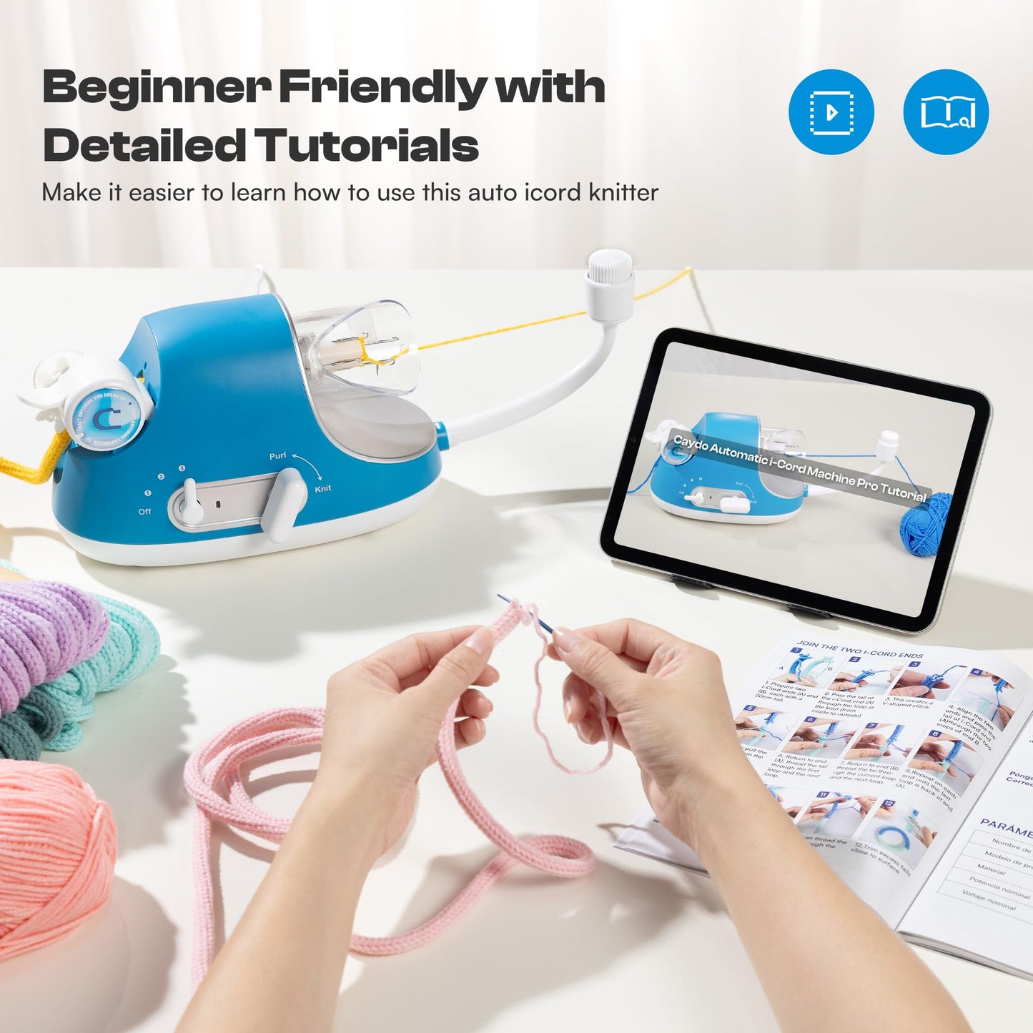 Caydo i Cord Knitting Machine i1 & Automatic i Cord Knitter Pro, Electric i-Cord Maker Tool Hands-Free Highly Efficient Yarn Knit Helper, Crochet iCord Maker Tool for Fast DIY Craft Project