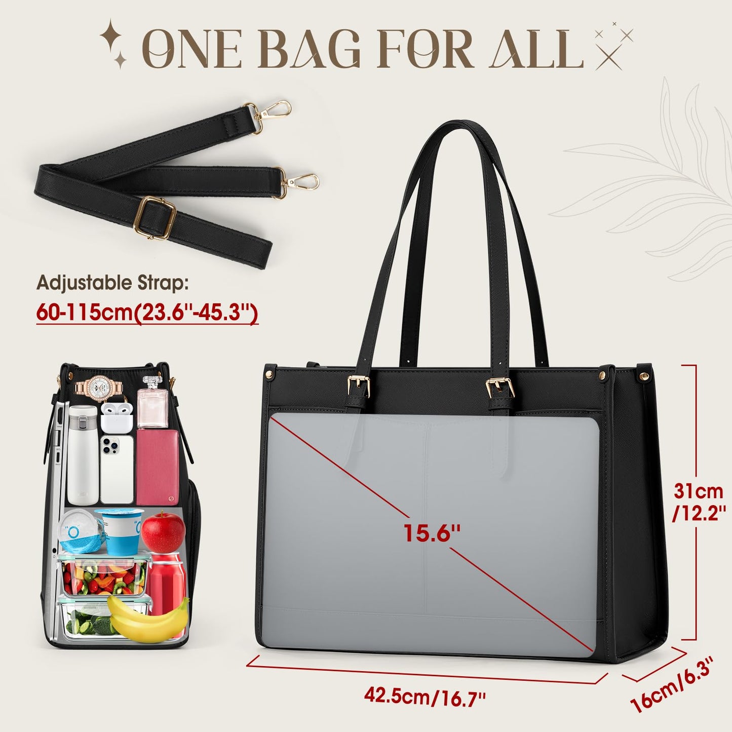 RAINSMORE Lunch Tote Bag for Women 15.6 Inch Laptop Bags with Insulated Lunch Compartment Large Leather Quilted Computer Tote for Teacher Nurse Work Collage Casual Black