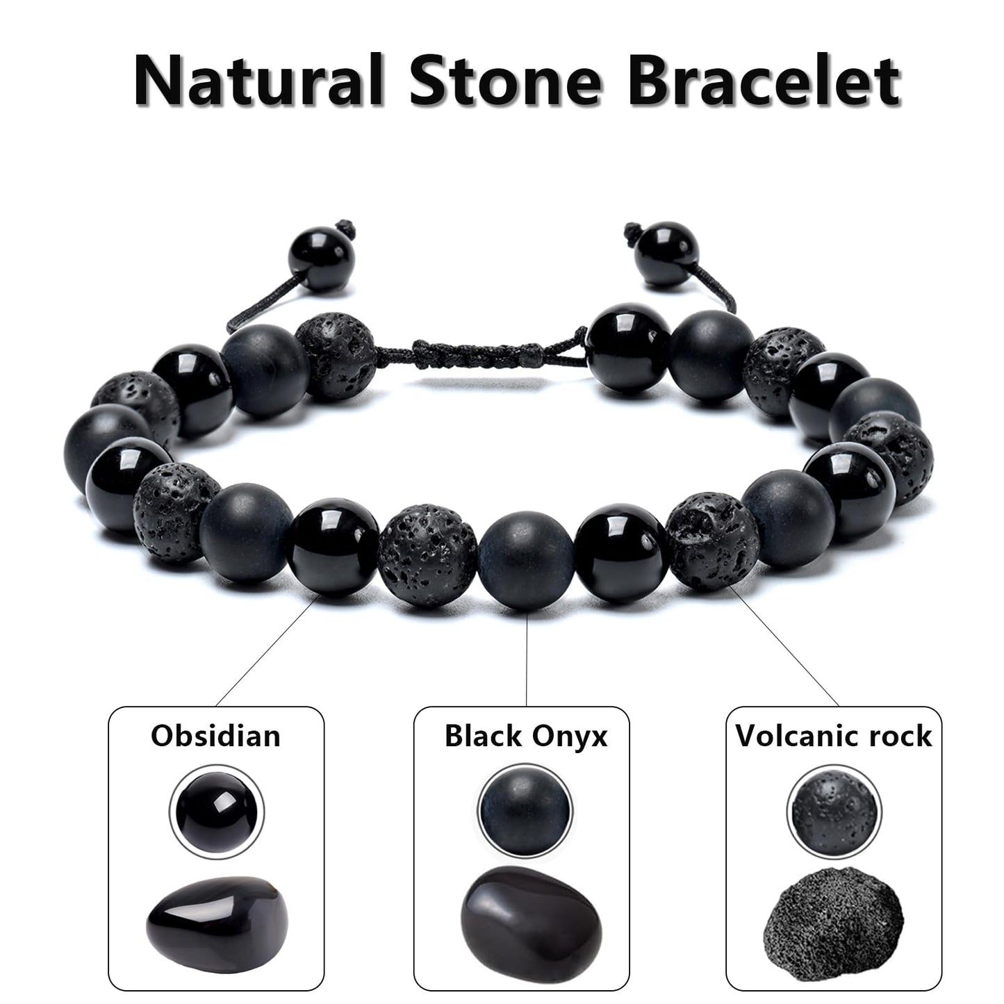 SAMXY Mens Bracelets Beads-8MM Black Onyx Obsidian Lava Stone Beads-2Pcs Handmade Natural Stone Crystal Healing Bracelet-Protection Bracelet for Men