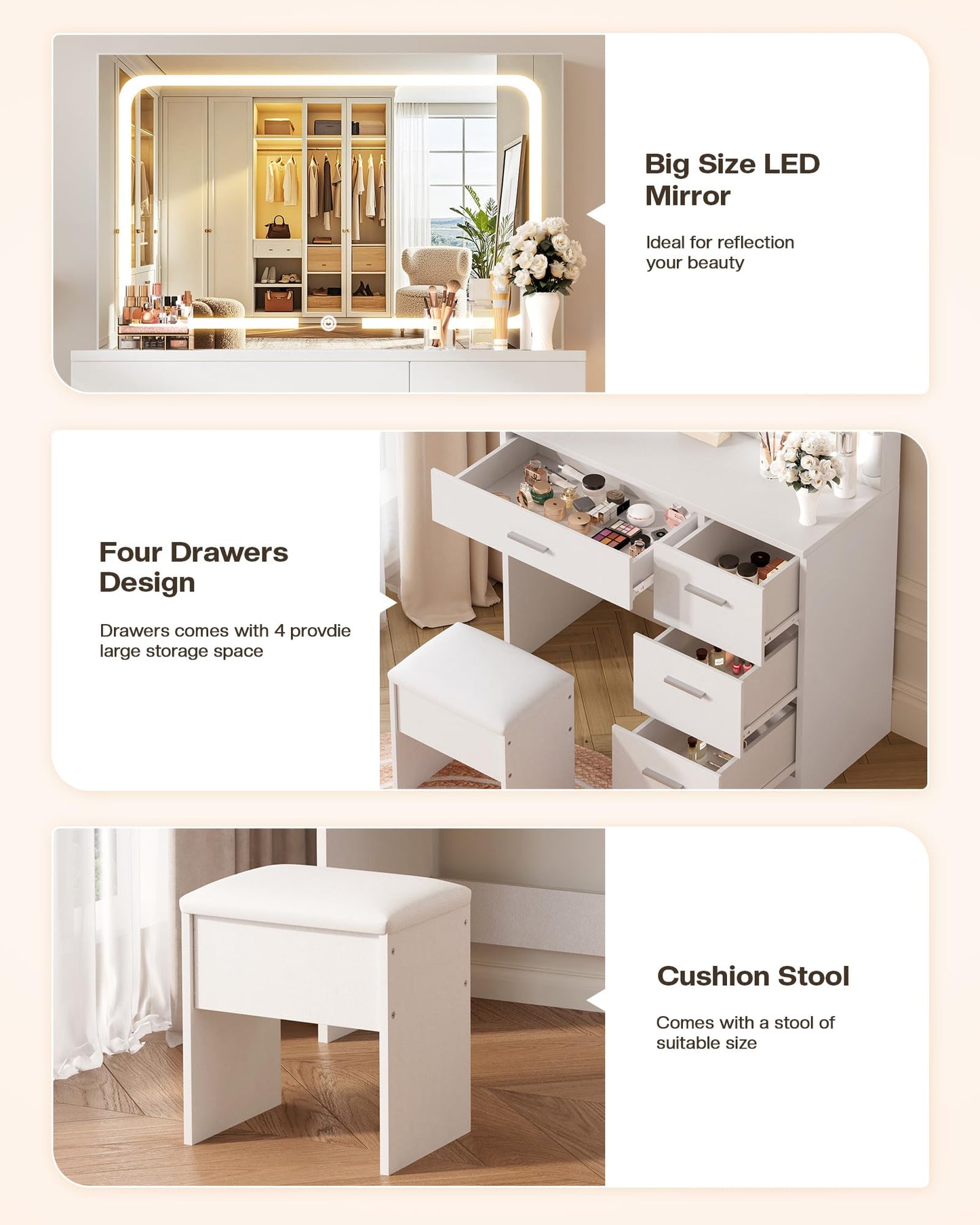 LIVELYGLOW Makeup Vanity Desk with Charging Station & LED Mirror – 35.4" Vanity Table with 4 Drawers, Hair Dryer Rack, & 3 Lighting Modes – Modern Bedroom Furniture (15.7"D x 35.4"W x 53.9"H), White