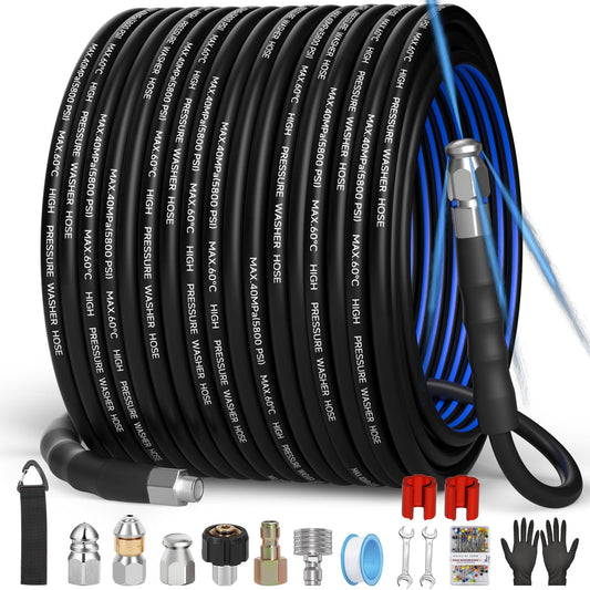 VIVIDWASH Sewer Jetter Kit for Pressure Washer(50FT),1/4" NPT Drain Cleaner Hose 5800PSI with 3 Sewer Jet Nozzles，Pearl Corsage Pin，Marking Ring,Spray Nozzle，Teflon Tape&Gloves