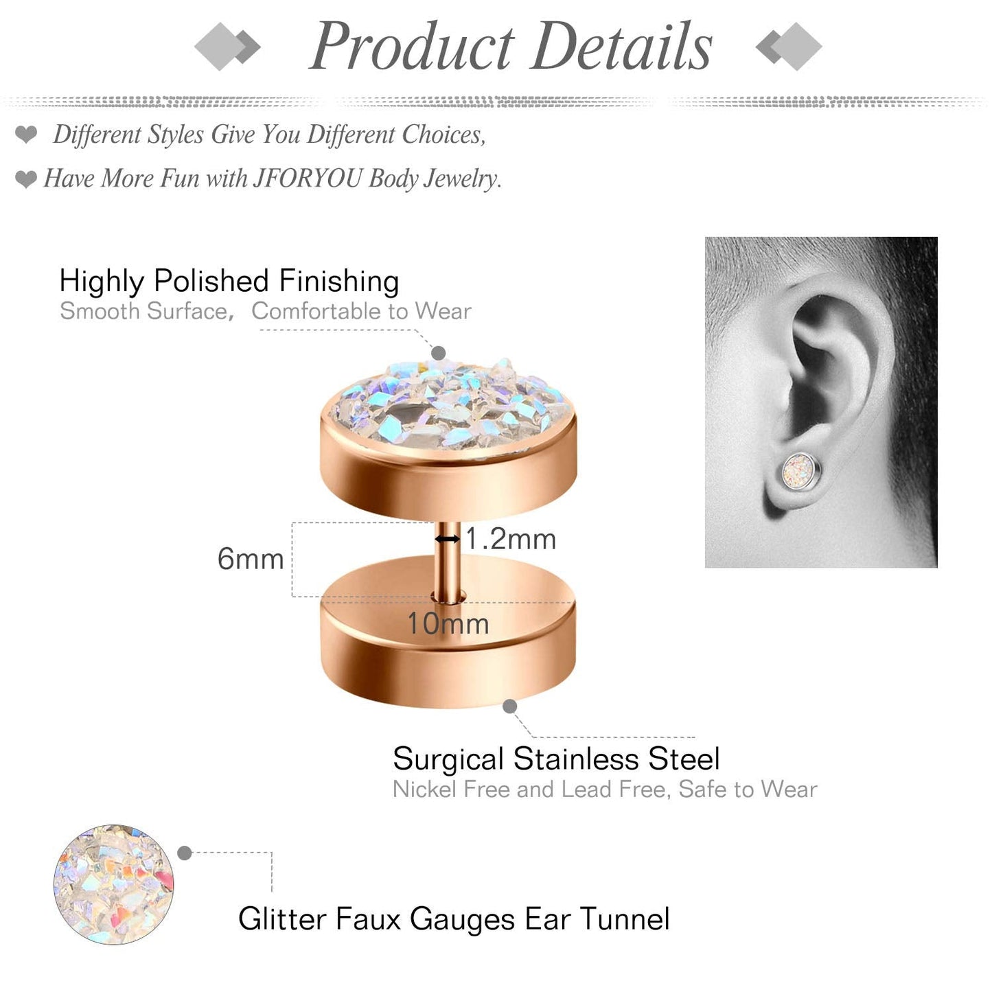 JFORYOU 6 Pairs Round Stud Earrings Stainless Steel Druzy Studs Earrings Set for Women Mens Faux Fake Cheater Ear Plugs Gauge Punk Style Rose Gold
