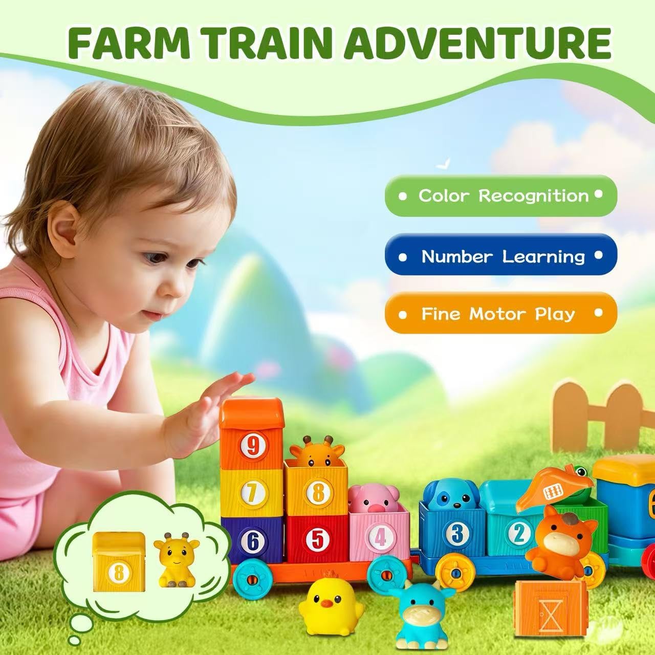 Toddler Learning Toys for 2 3 Year Old-Counting Matching & Sorting Activity Montessori Train Toys with Farm Animals Finger Puppets Birthday Gift for Baby Boys Girls
