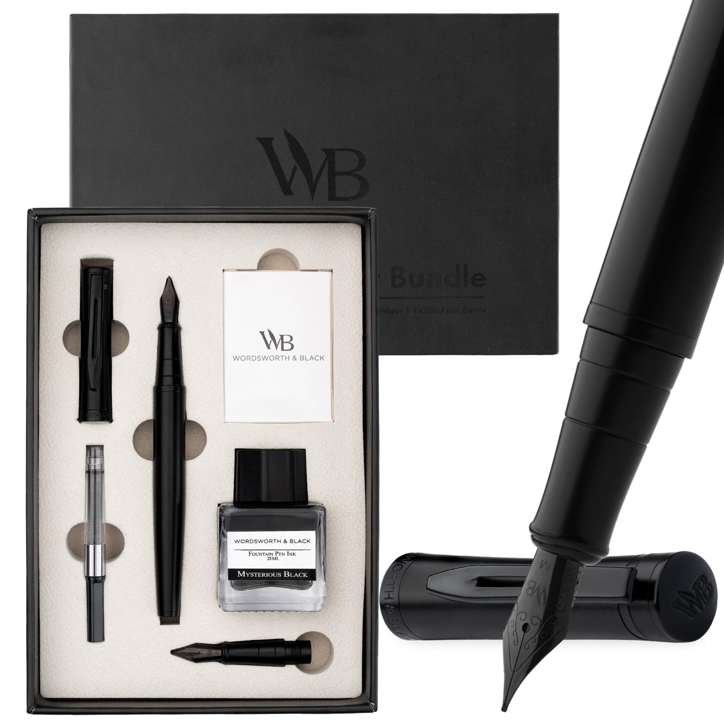 Wordsworth & Black Fountain Pen Set, 18K Gilded Medium and Extra Fine Nib, 25ML Black Ink Bottle, 6 Ink Cartridges,Refill Converter,Gift Box,Smooth Writing Pens [All Black],Gift Set for Men and Women