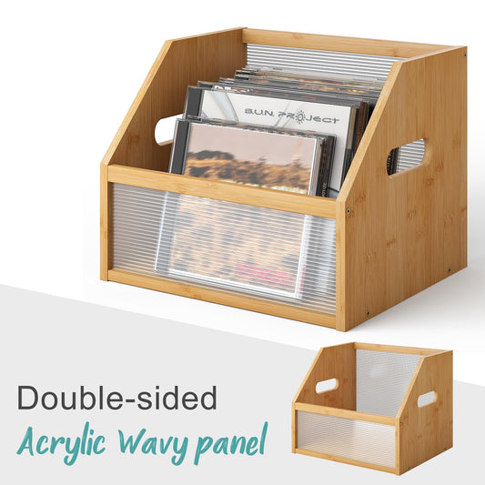Vriccc Vinyl Record Storage Box, Bamboo Wood Record Holder Storage, Magazine Book Album Display Rack, Stylish Desktop File Sorter Organizer for Home Office