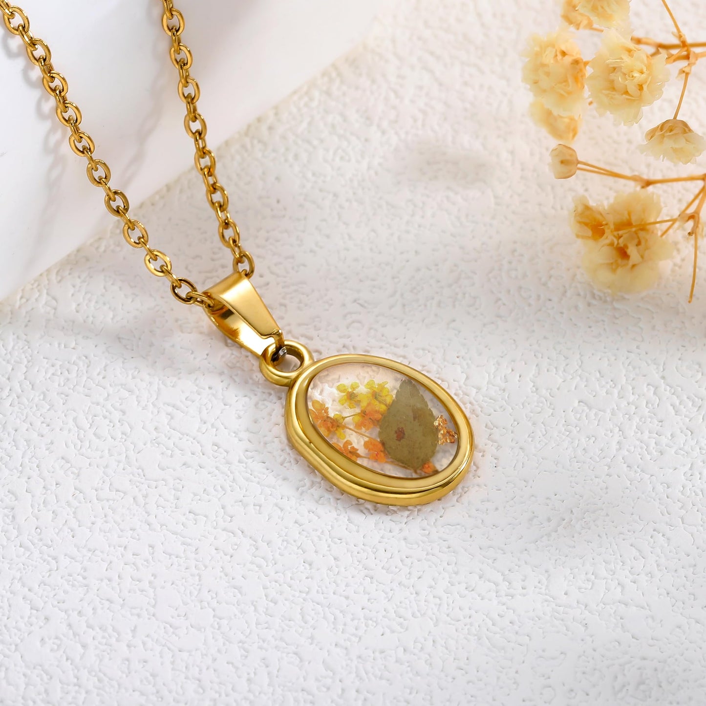 LETFLY Birth Flower Necklaces for Women, 18K Gold Plated Oval Shaped Handmade Floral Pendant, Pressed Flower Necklace Jewelry Gifts Peace