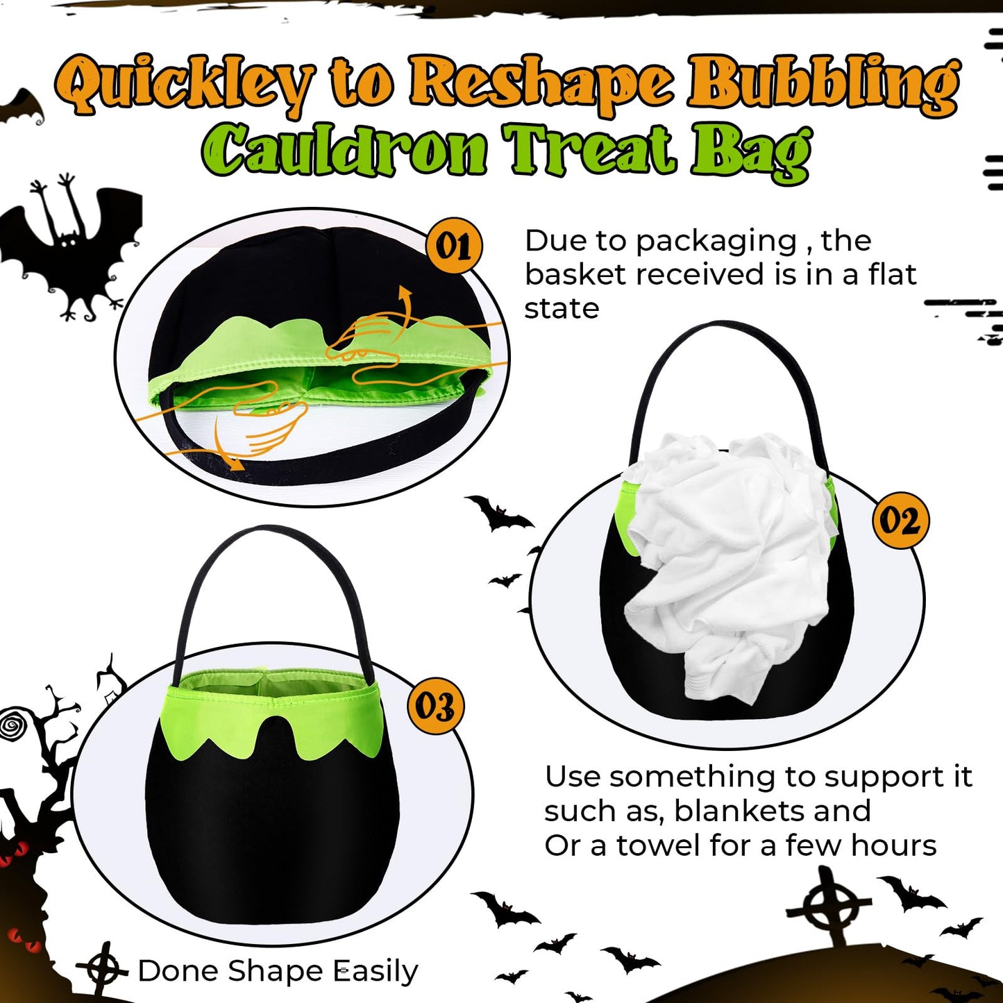 NFAMRZCAR 2 PC Halloween Bubbling Cauldron Treat Bag with Handle,Halloween Trick or Treat Bags Gift Bags for Halloween Party Favors Supplies