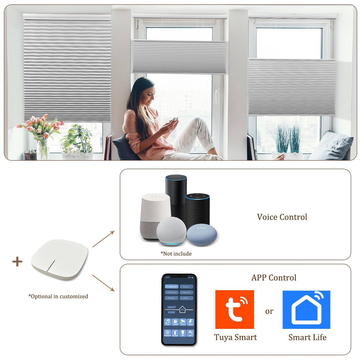 LEXEN Smart Top Down Bottom Up Honeycomb Shades WiFi Enabled Motorized Cellular Blinds Compatible with Alexa/Google Home Double Cellular Fabric Blackout Insulated Custom Sizes-White