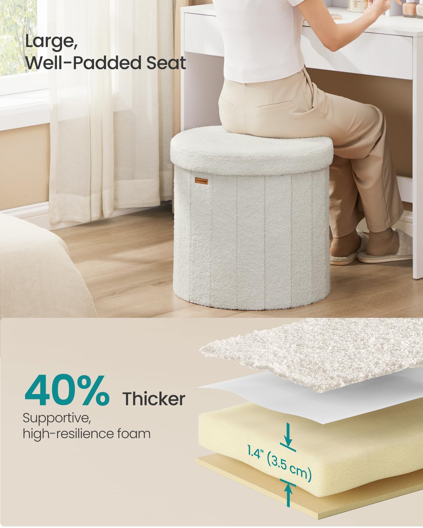SONGMICS Mazie Collection - Round Storage Ottoman, Folding Footrest Stool with Removable Lid, Easy Assembly, Teddy Fleece Vanity Stool for Bedroom, Living Room, Entryway, Cream White ULSF606W01