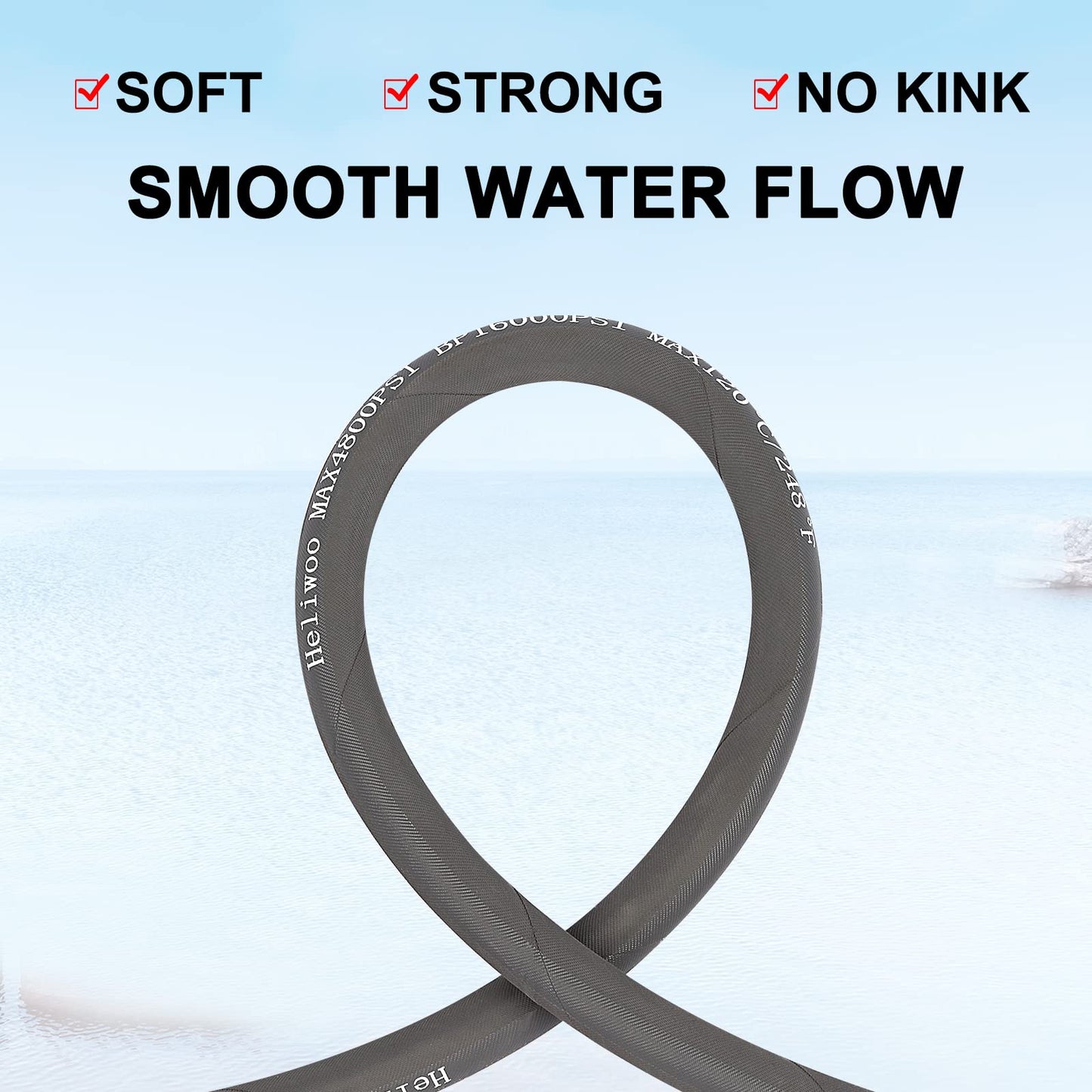 Heliwoo Pressure Washer Whip Hose 5FT, 3/8'' Reel Connector for Power Washer, 248°F Hot Water Jumper with 3/8'' Quick Connect Adapter Set, Steel-Braided-4800 PSI