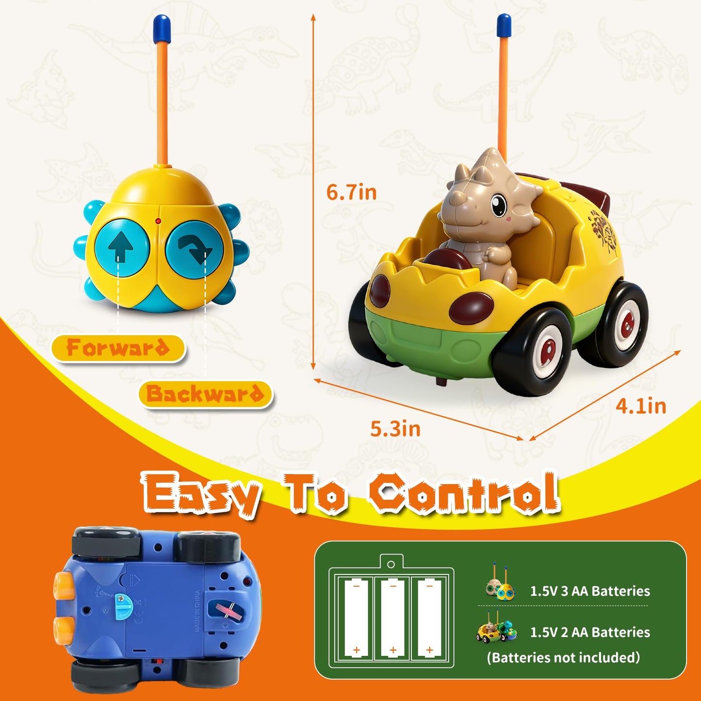 TOPLIVING 2-Pack Remote Control Dinosaur Car Toys for Toddler Ages 18+ Months, 2 3 4 5 Year Old, Dino RC Vehicle with LED Lights, Music, Christmas Birthday Gift for Boys & Girls