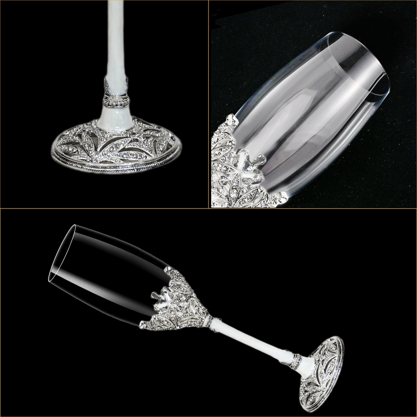 Jozen Gift Champagne Flutes -His and Hers,Wedding Toasting Glasses for Engagement Celebrations, Bridal Shower and Registry Idea, Tall Wine Glasses for Bride and Groom Gifts,7oz (Silver&white)