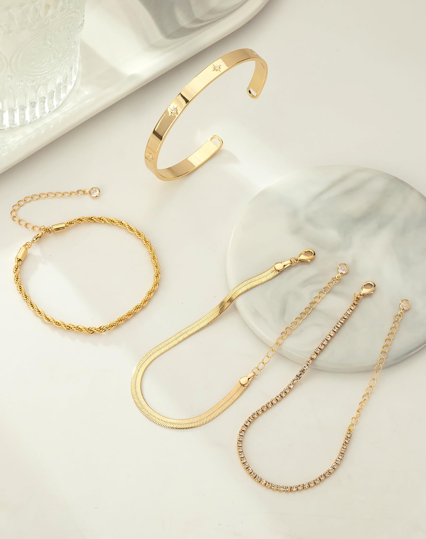 Gold Bracelets for Women 14K Gold Plated Stack Trend Bracelets Charm Paperclip Chain Cuban Link Layered Waterproof Bracelet Dainty Bracelet for Women Jewelry Gifts (Gold)