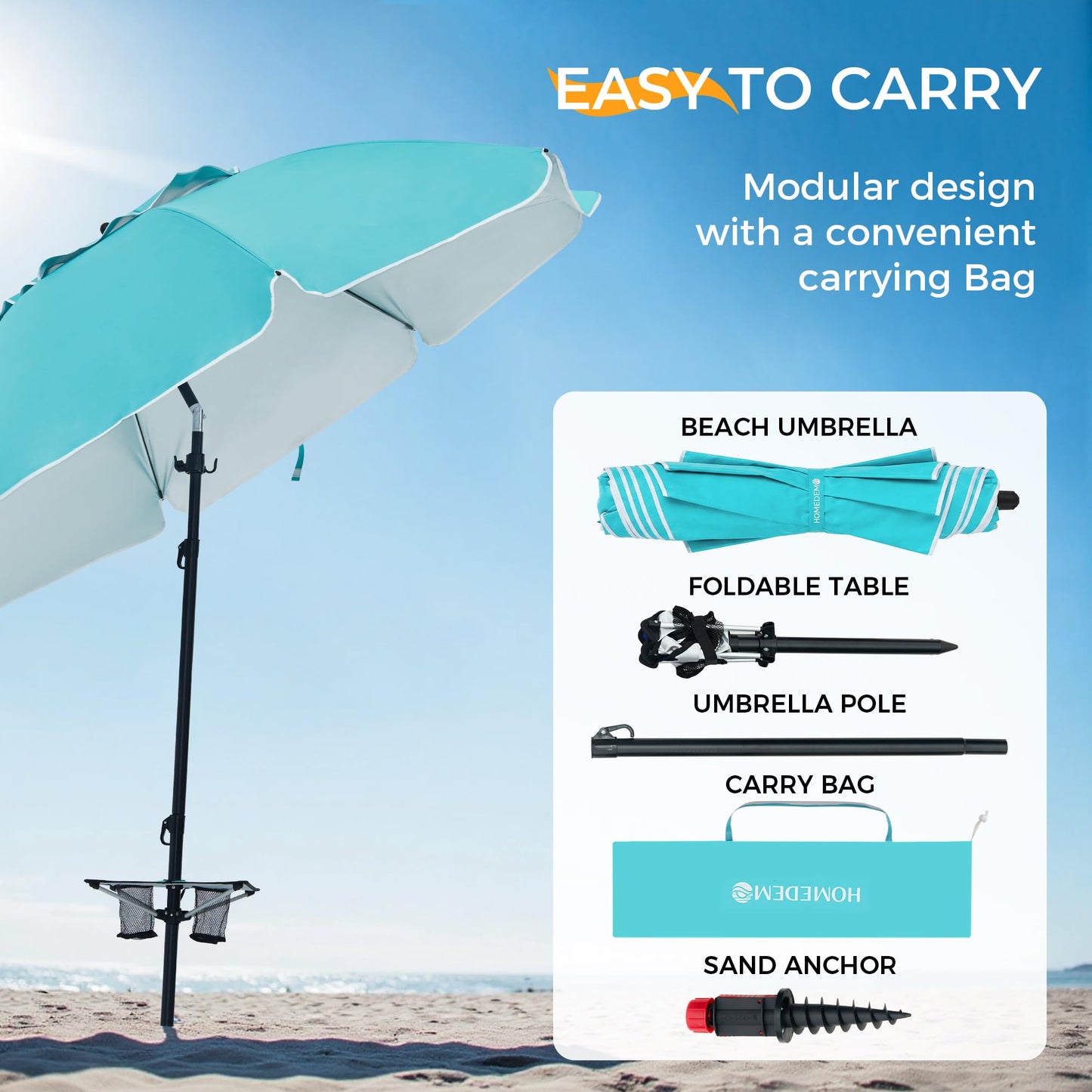 HOMEDEMO 7FT Beach Umbrella with Table & Large Sand Anchor, Heavy Duty Windproof Portable Beach Umbrella witn UPF 50+ Sun Protection, Outdoor Umbrellas with Adjustable Aluminum Pole, Türkiye Blu