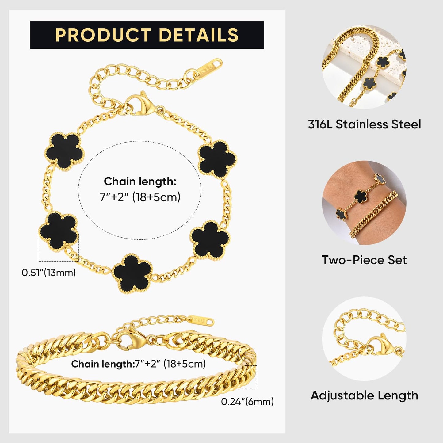 VNOX 2 PCS Floral Bracelets for Men Women -Womens Mens Stainless Steel Gold Cuban Chain Link Bracelet Lucky Charm Four Clover Flower Bracelets Trendy Jewelry Gifts，2