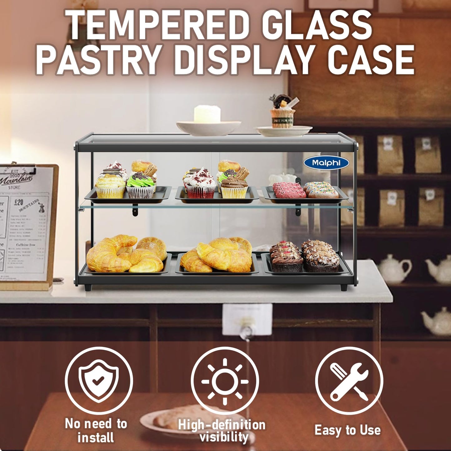 Malphi 29in. Tiered Pastry Bakery Display Case with Glass Shelf and Sliding Door,3cu. ft. Capacity|Large Bread Cookie Display Box | 29.3" x 15.3" x 15.4"