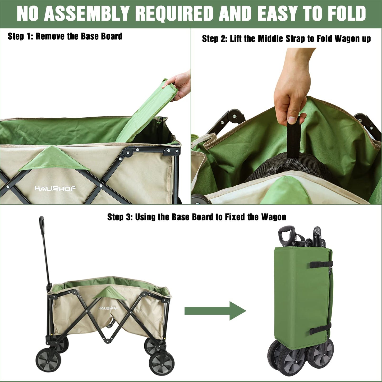HAUSHOF Heavy Duty Collapsible Wagon, Folding Outdoor Utility Wagon, Camping Garden Beach Cart with Universal Quick Release Wheels, Adjustable Handle, 2 Cup Holders, 176 lbs Load Capacity, Green