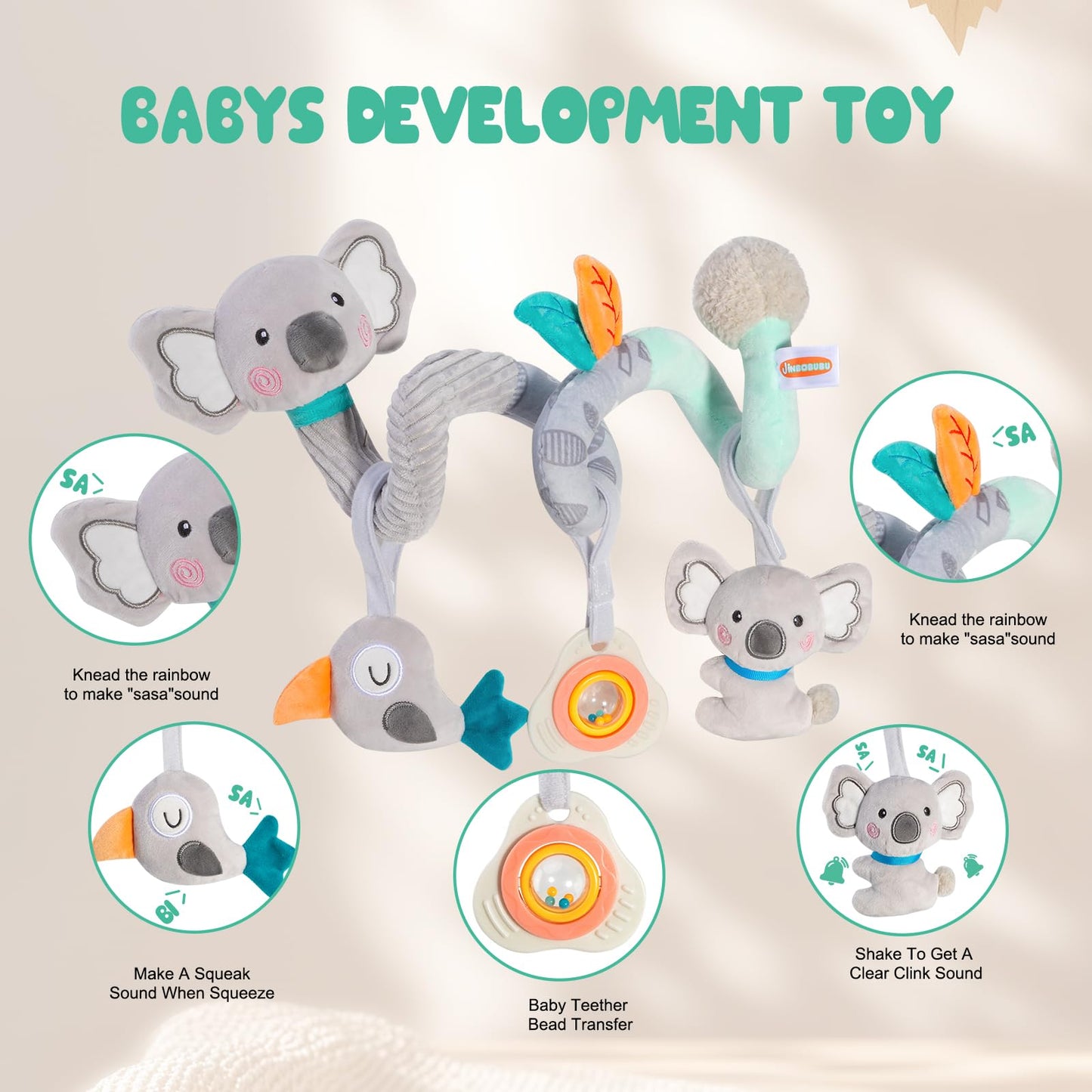 JINBOBUBU Baby Spiral Car Seat Toy, Stroller Hanging Sensory Toy for Newborn 0-12 Months, Soft Plush with Rattle Crinkle Teether, Koala Bird Activity Toy for Infant Boys Girls