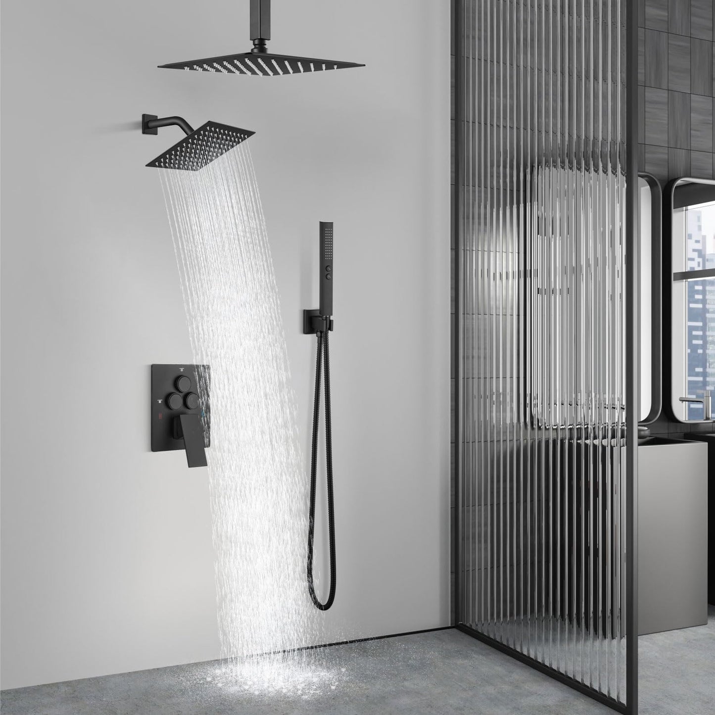 Aolemi Shower Faucet Set Ceiling Mount Shower System Rough-in Valve and Shower Trim Kit 2 in 1 Handheld Spray Push Button Diverter 10 and 6 Inch Dual Shower Head Matte Black
