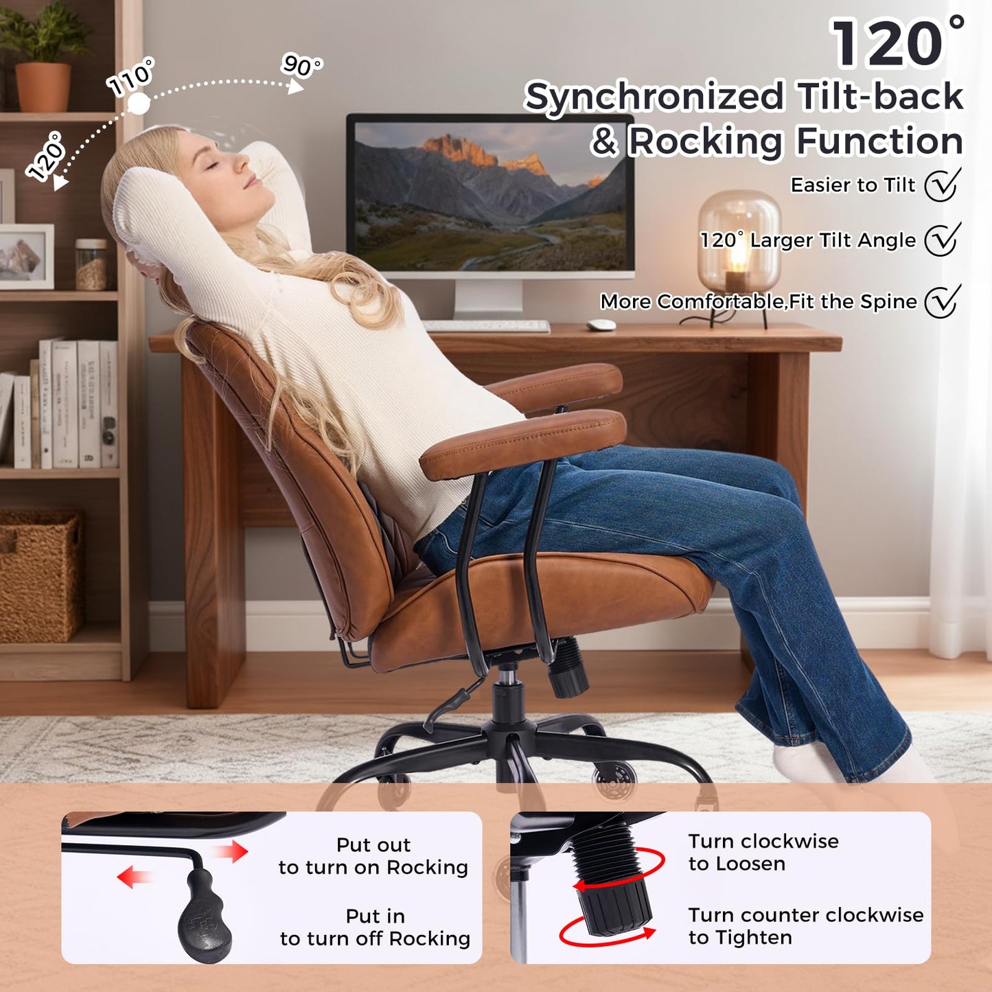 BEWISHOME Brown Leather Office Chair– Features Rubber Wheels and Lumbar Support Ergonomic Mid Century Modern Desk Chair with Adjustable Height, 360° Swivel for Home & Office