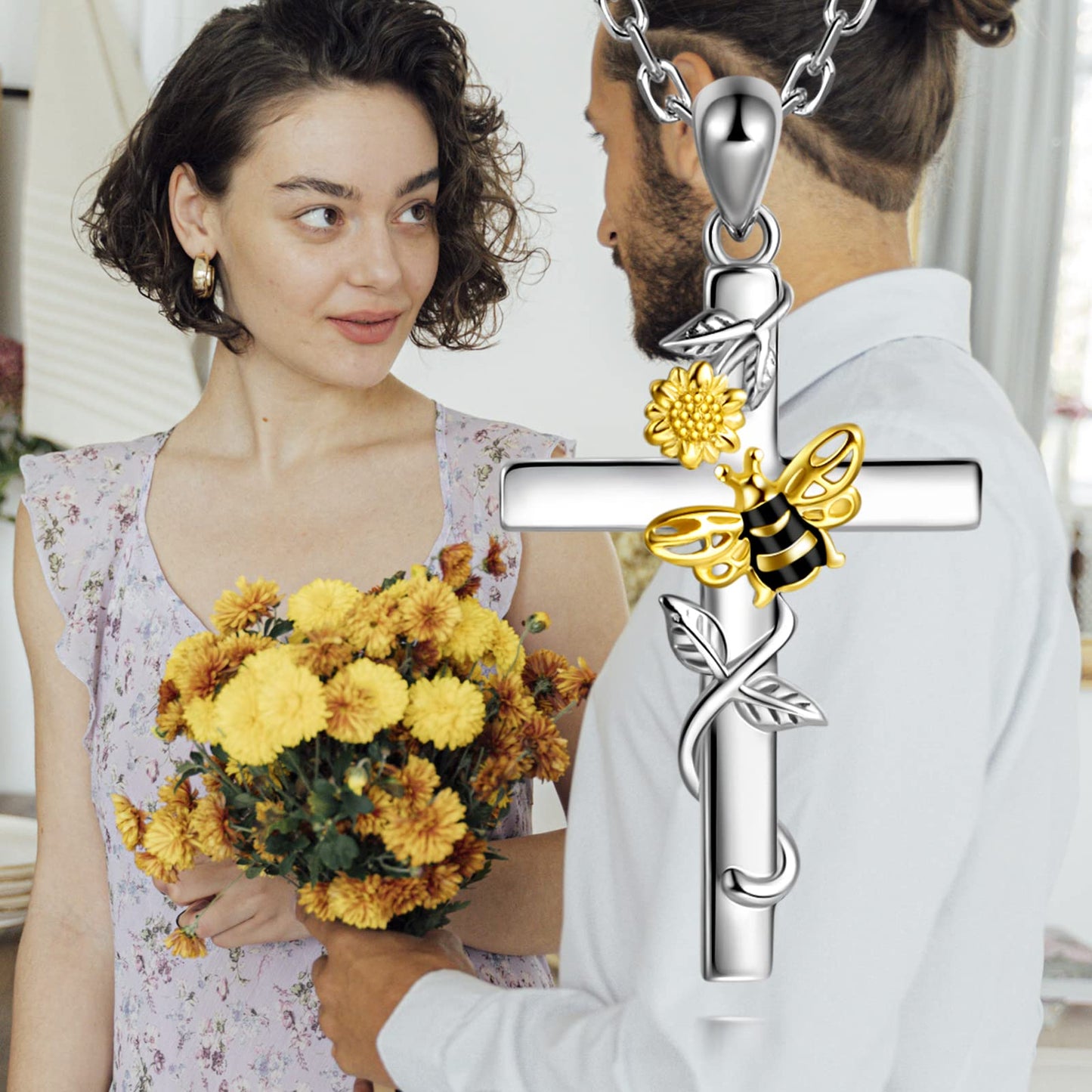 ZLILIJAN Cross Necklace 925 Sterling Silver Sunflower Bee Pendant You Are My Sunshine Honey Bee Jewelry Gifts for Women