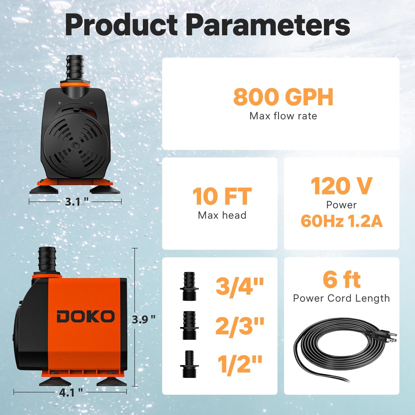 DOKO 800GPH Submersible Water Pump, Fountain Water Pump with 6FT Power Cord and 3 Nozzles, 60W, Ultra Quiet Pond Pumps for Pond Aquarium Fountain Waterfall Fish Tank Hydroponic Statuary