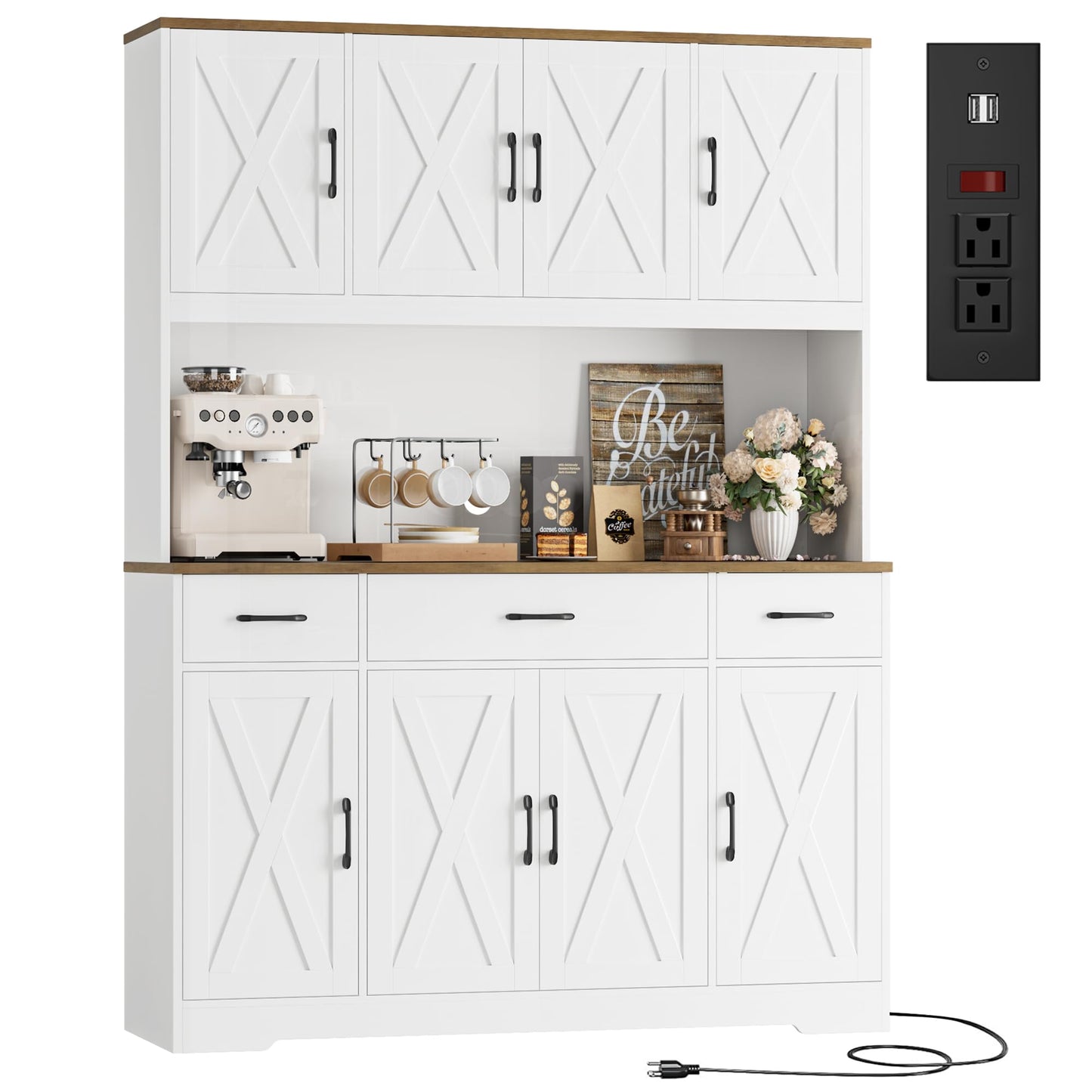 HOSTACK 71" Tall Pantry Cabinet with Charging Station, 55" Wide Kitchen Pantry Storage Cabinet with Countertop, Large Kitchen Hutch with Storage Drawers and Microwave Stand for Dining Room, White