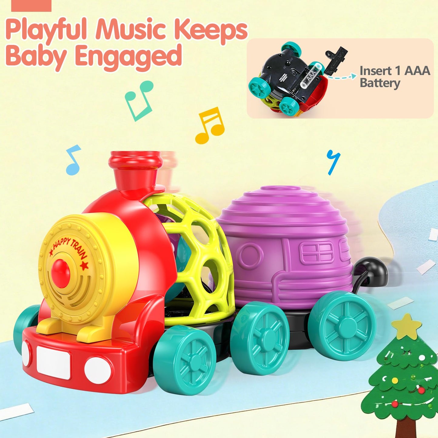 WEEJOYGAM Train Baby Toys 6-12 Months, Infant Soft Cars for Toddlers 1-3 Boy Easter Basket Stuffers Birthday Gift 6 7 8 9 10 Month 1 Year Old Boy Cause Effect Montessori Musical Push Truck Ball Rattle