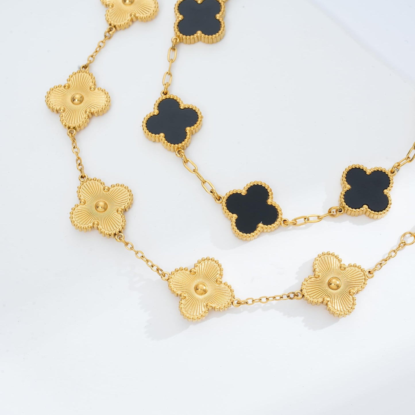 Acicihenn Waterproof Four-Leaf Clover Bracelet,Adjustable Link Double Sided Jewelry, Lovely Fashion Jewelry Gift for Women Gold Bracelet +Black Bracelet