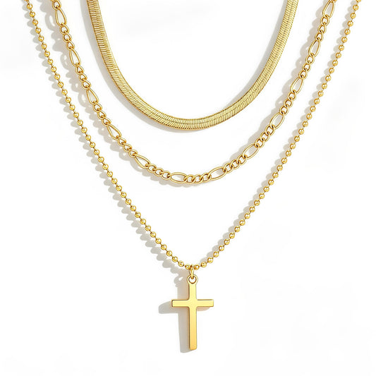 3PCS Layered Gold Cross Necklaces for Women Trendy, Bohemian Bead Pearl Y Long Pendant Necklace Set, Vintage Rosary Necklace Stack Adjustable Length