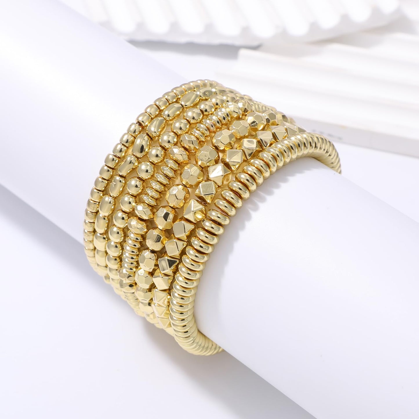 Sajidos Gold Plated Beaded Bracelets for Women Trendy, 14K Gold Plated Stack Cross Pearl Gold Plated Bead Stretch Bracelets Set Elastic Hypoallergenic Bracelets Jewelry Gifts