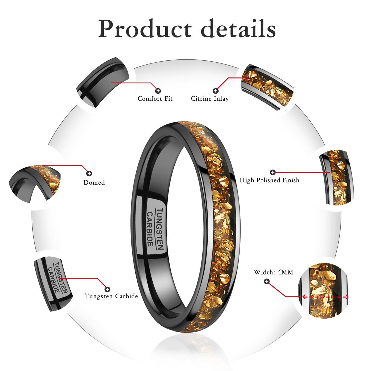 NUNCAD Women's Tungsten Rings 4mm Black Wedding Band Inlaid with Citrine Center Polished Domed Comfort Fit Size 8