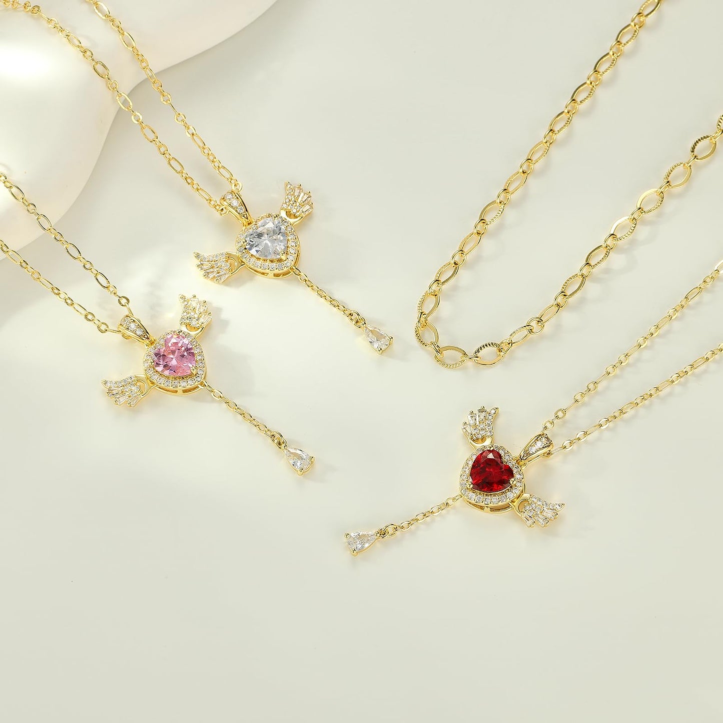 MEIITRUE Heart Necklace for Women Trendy,14k Gold Plated Dainty Layered Necklaces Set Cubic Zirconia Love Drop Pendant with Movable Wings Personalized Choker Chain Jewelry Gift Red