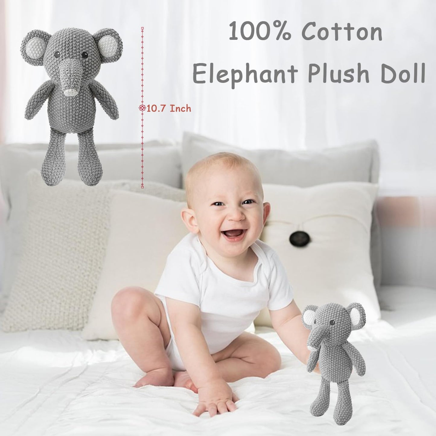 Baby Toys Elephant Stuffed Animals for Babies 2Pcs Cute Calf Plush Toys Set: 10" Grey Elephant Plush Doll and 5.9" Baby Teething Rattle Soft Baby Boy Girl Gifts for Birthday,Easter,Baby Shower