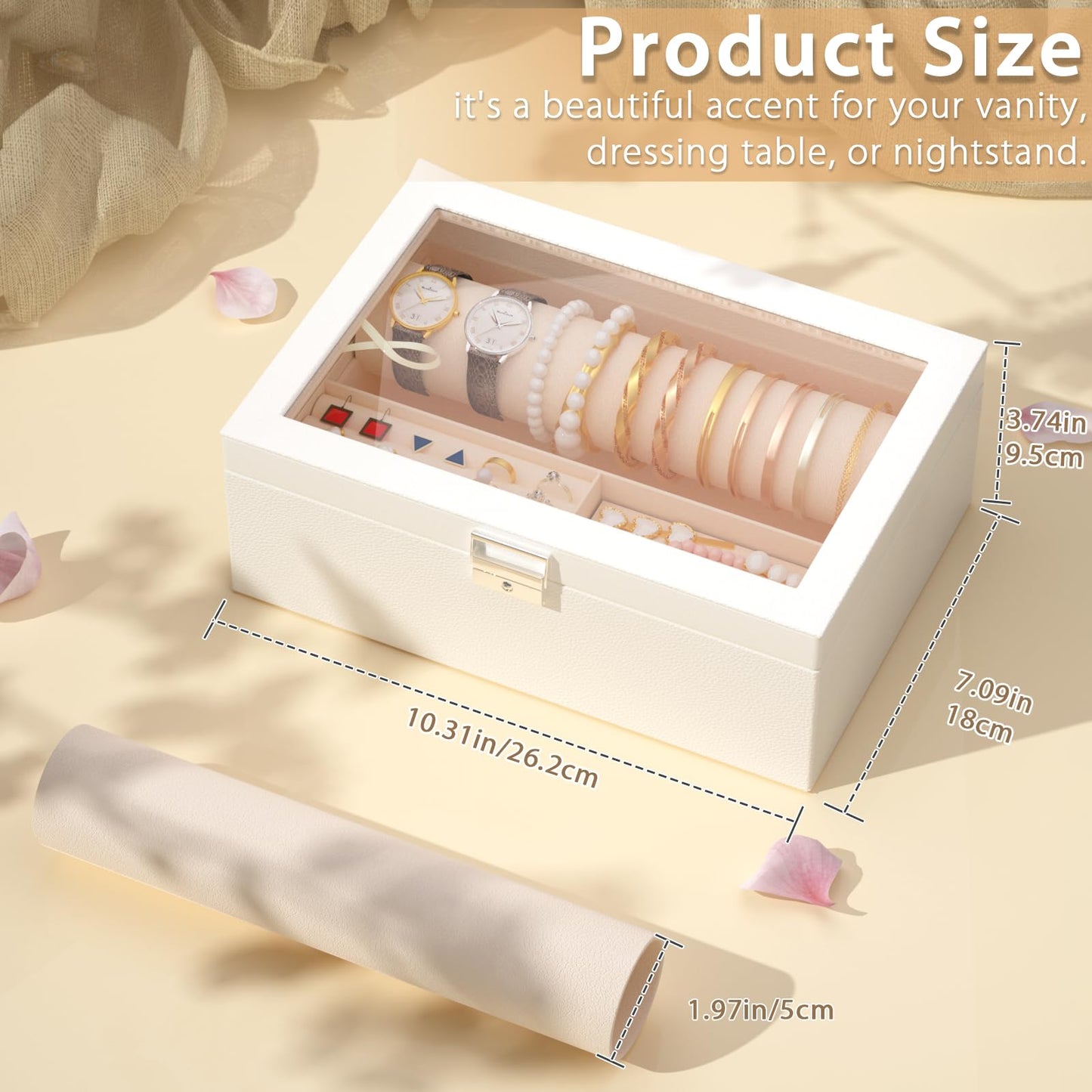 Jolensoy Jewelry Organizer Box with Clear Glass Lid, Bracelet Holder Jewelry Storage Case for Earrings, Rings, Bangles, Watches - PU Leather Jewelry Display Box Gifts for Women Girls, White