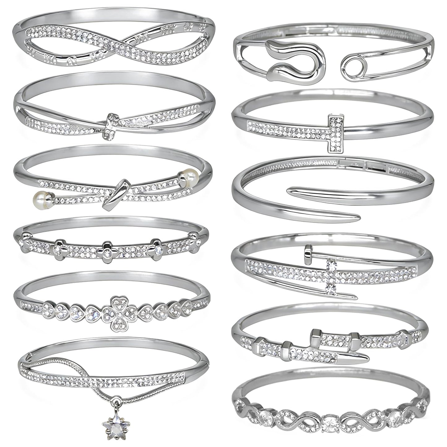 12 Pack Women's Zinc Alloy Gold/Silvery Bangle Bracelet Jewelry Bulk Set with Infinity Symbol, Safety Pin, Cross, Pearl, Clover, Star Pendant & Rhinestone Designs - For Daily Wear, Special Occasions & Women Gift for Her, Girlfriend, Wife, Mom, Sister, Lov
