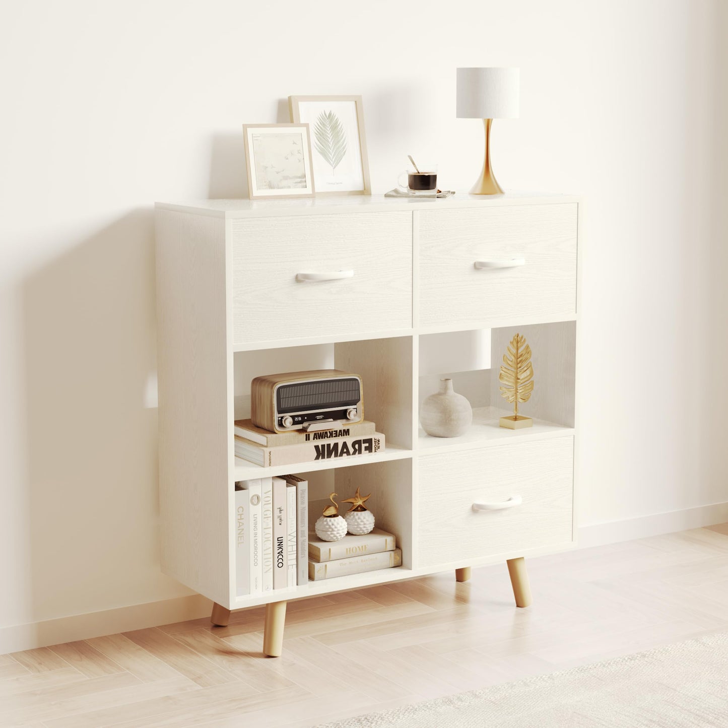 ELYUP Bookcase with Fabric Storage Bins - 6 Cube Organizer Display Bookshelf for Home Office, White