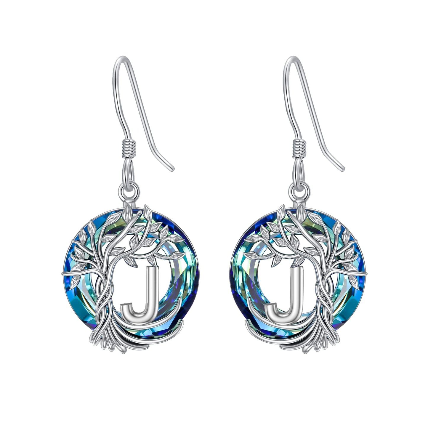 TOUPOP Tree of Life Initial Earrings Sterling Silver Initial J Letter Drop Dangle Earrings Blue Circle Crystal Family Tree Jewelry Birthday Mothers Day Gifts for Women Mom Her