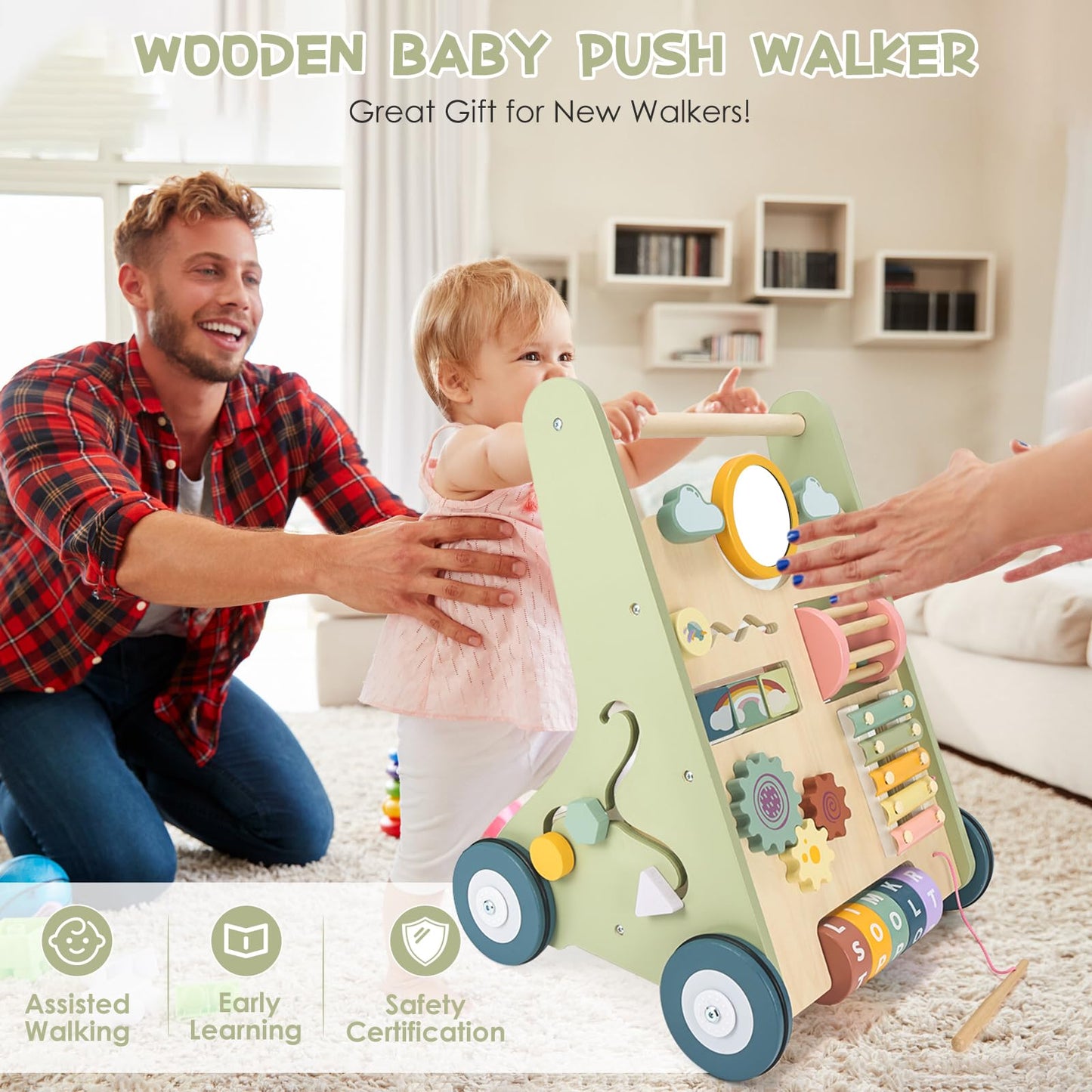 Baby Push Walker, Wooden Baby Walker with Wheels, Montessori Walker for Babies 6-12 Months, Adjustable Speed Push Walking Toys for Boys & Girls 1 Year Old, Christmas Birthday Gifts for Toddler