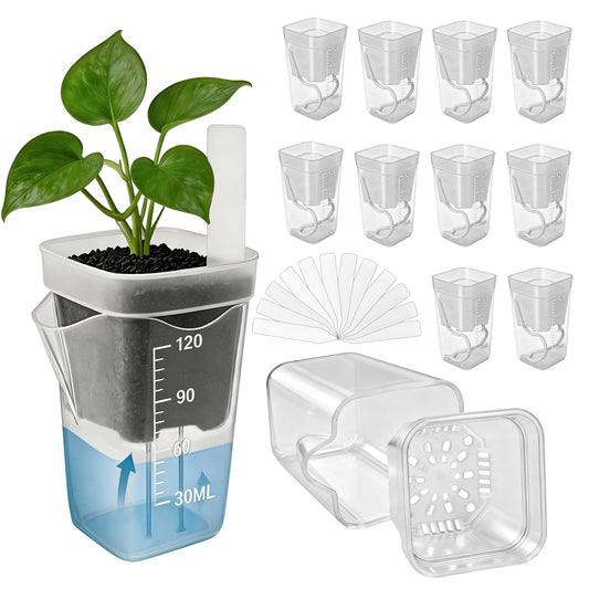 Fukaisu 12pcs 2in/5cm Self Watering Plant Pots with 12 Plant Labels, Small Clear Plastic Propagation Cups with Water Level Indicator & Drainage Hole for Seedlings Cuttings Succulents Herbs Vegetables