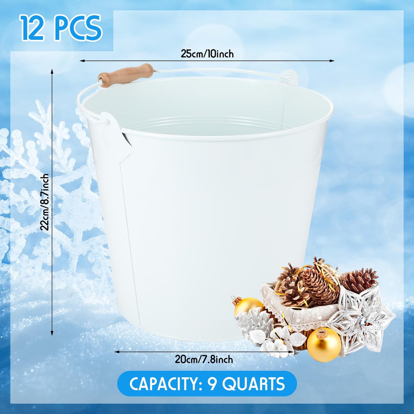 Didaey 12 Pcs Large Galvanized Metal Buckets with Handle 10 Inch Heavy Duty Stainless Steel Pails Round Pail for Party Wedding, Crafts, Utensils, Table Centerpieces (White)