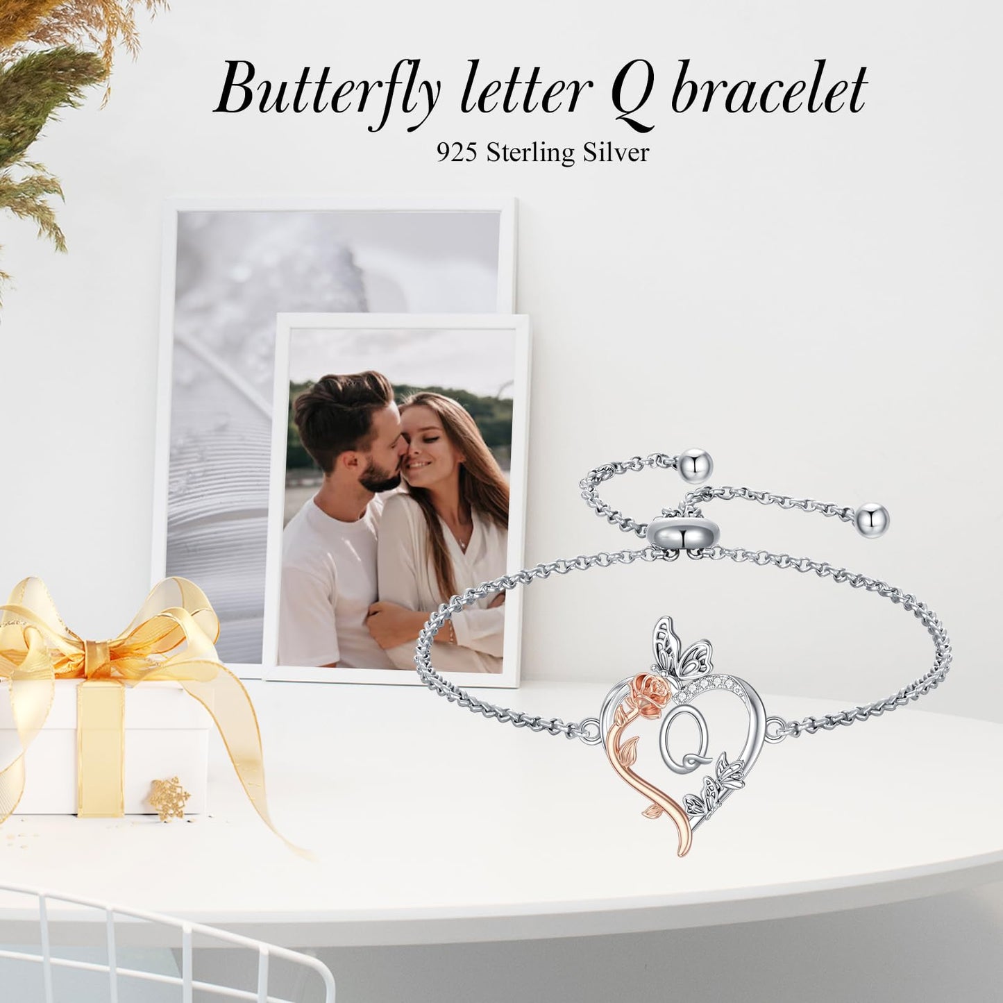 TOUPOP Rose Heart Bracelet for Women Sterling Silver Heart Initial Q Letter Bracelet Butterfly Love Jewelry Anniversary Birthday Mothers Day Gifts for Mom Wife Her Girlfriend