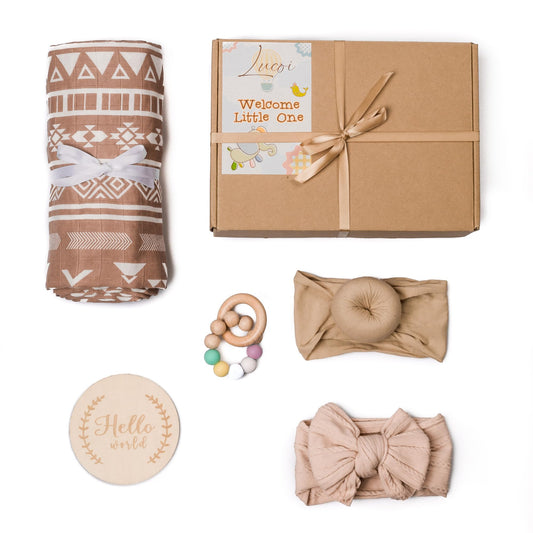 Baby Girl Gift Set - 5-Piece Baby Girl Shower Gifts with Muslin Swaddle Blanket, Wooden Teether, Headbands & Hello World Milestone Card - Newborn Welcome Box, Unique Present for Girls