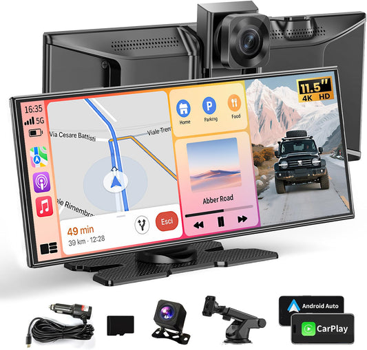 Largest 11.5" Portable Apple Carplay Screen for Car, 4K Wireless Car Play & Android Auto, Upgrade Touchscreen with Dash Cam, App Control/Loop Recording/Backup Camera/Mirror Link/GPS/FM