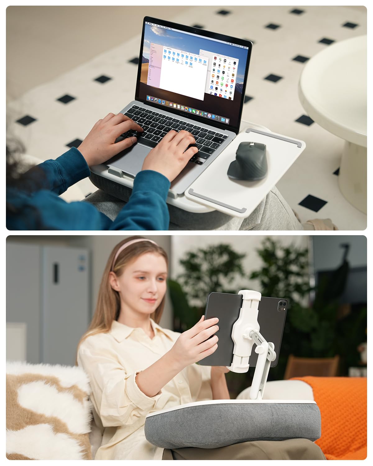 Viozon Kindle Pillow Stand Holder, Phone Holder for Bed, Laptop Lap Desk with Mouse Pad,Compatible with 4.7-13" Kindle/Tablet/Phone,10-15" Laptop, Snack Bowl&Cup Attachment&Detachable 360°Stand Arm