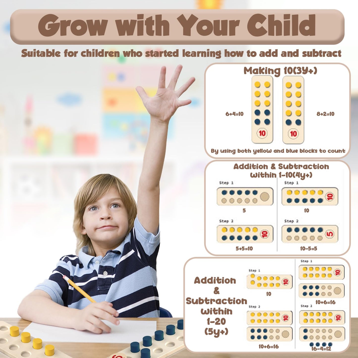 TEUVO Counting Peg Board Montessori Toys for Kids Aged 3 4 5 6 Years Old, Montessori Math Manipulatives Materials Wooden Preschool Learning Number and Counting Games for Home School Classroom Teaching