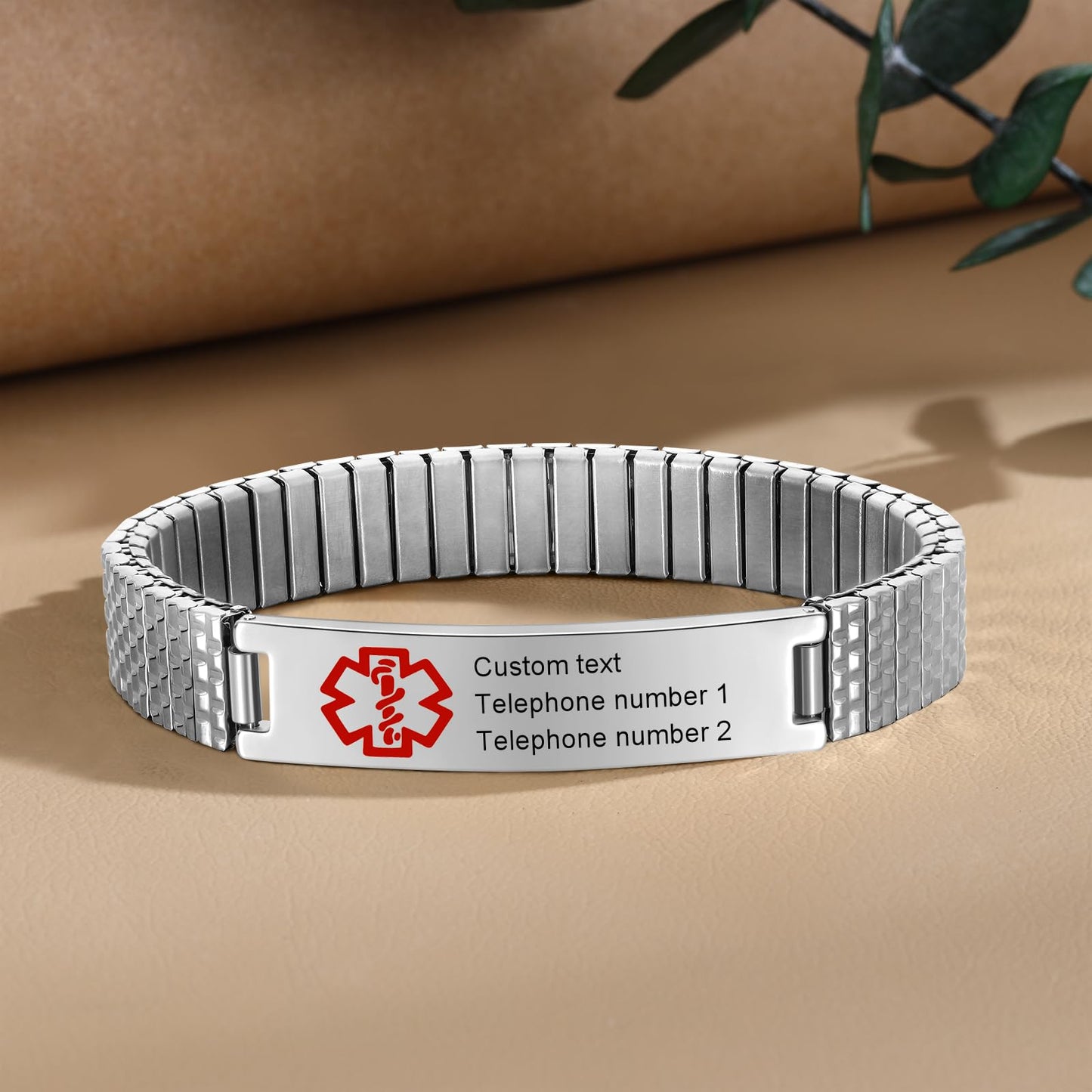 Personalized Medical ID Bracelets for Men - Custom Emergency Alert Bracelet for Women Engraved Medic Info Elastic Stainless Steel Bracelets for Family Autism Allergy Diabetic Epilepsy (Silver, 18cm)