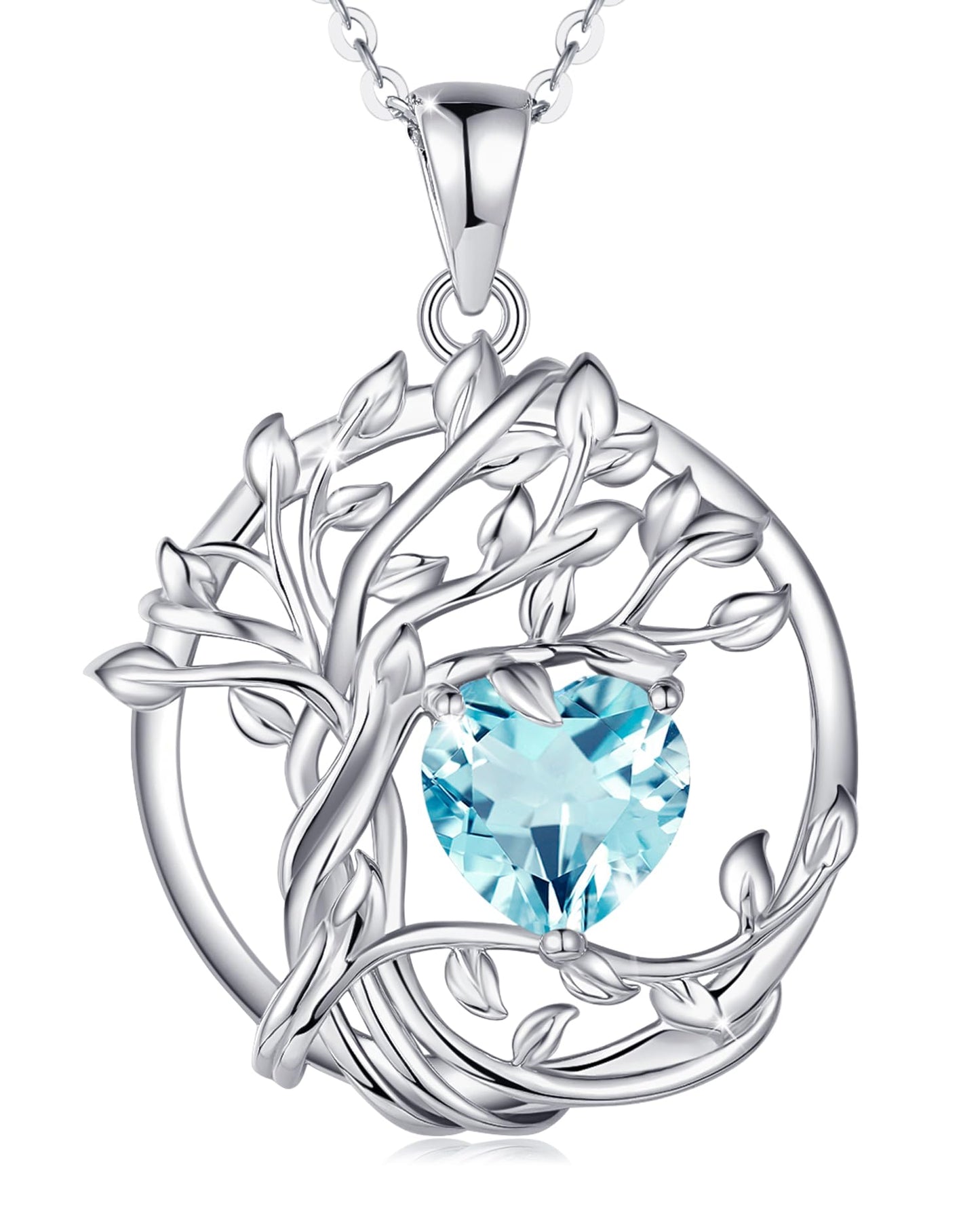 FANCIME Tree of life Birthstone Necklace for Women Sterling Silver Tree Jewelry Aquamarine Pendant March Birthstone Blue Gemstone Anniversary Birthday Christmas Gifts for Wife Mom Her